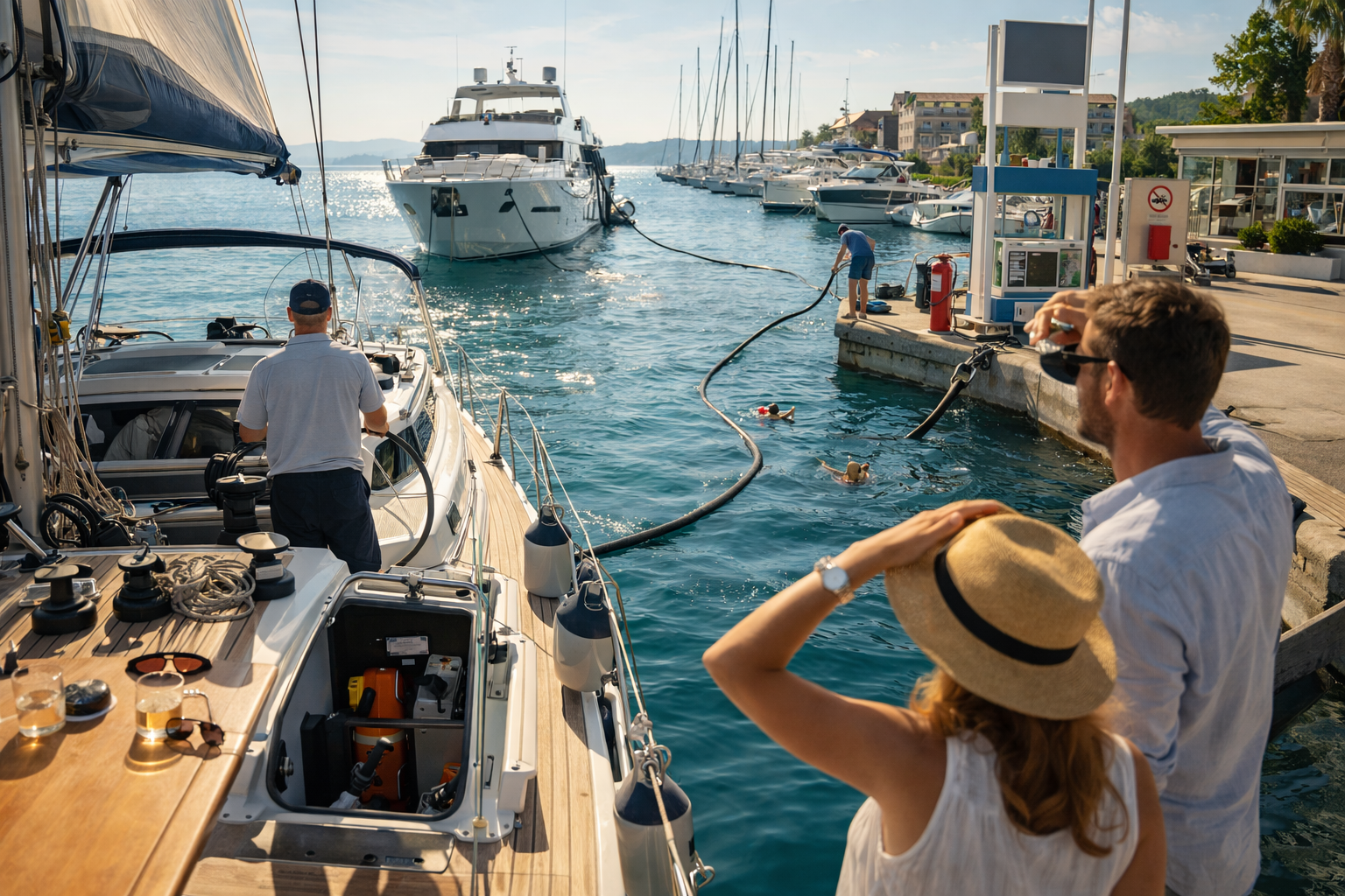 fueling a yacht in Croatia busy marina fuel dock with boats waiting